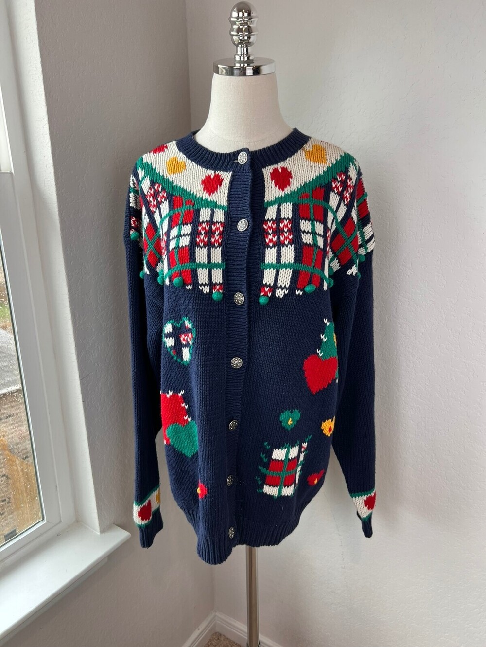 Vintage 90s Christmas Sweater Navy Hearts Button Up Cardigan Cottage Grandma M